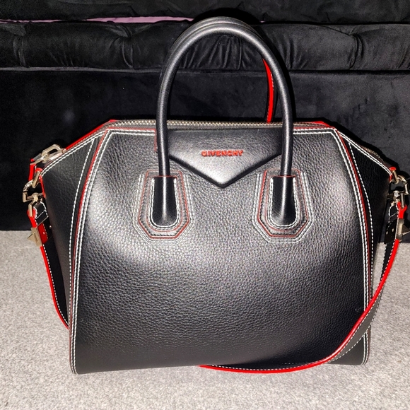 GIVENCHY Calfskin Bi-Color Topstitch Medium Antigona Black Red - Picture 1 of 9